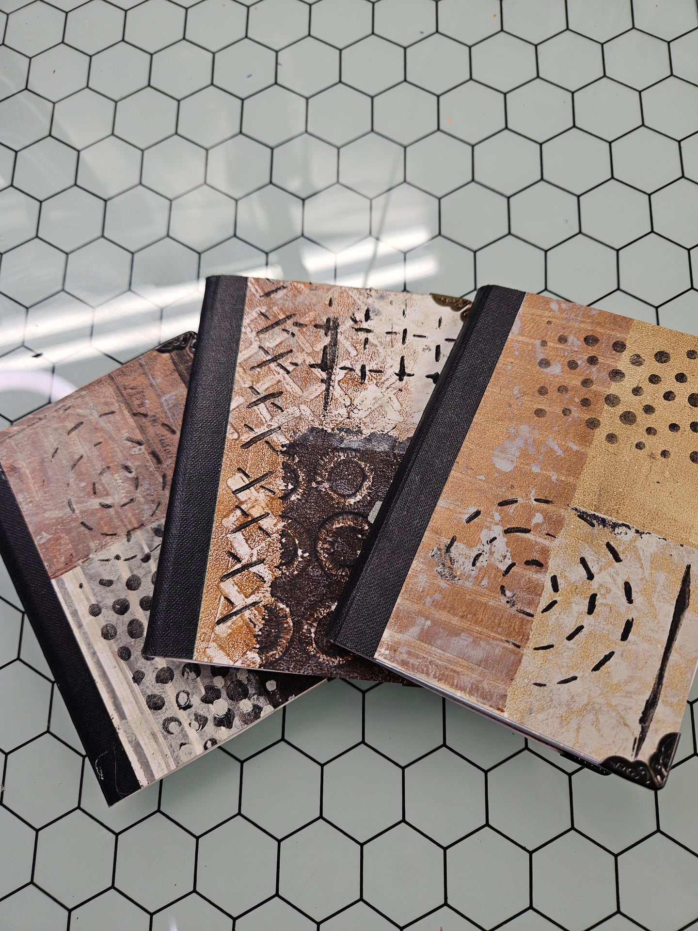 Set of 3 Brown/Gold/Black Covered Mini Pocket Journals 4.5" x 3.25" - College Ruled Paper Inside