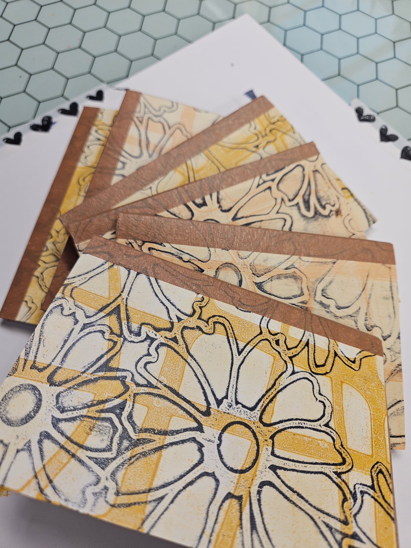 (6) Covered Mini Pocket Journals 3.5" x 5" Navy and Yellow Ochre Floral - Blank Pages