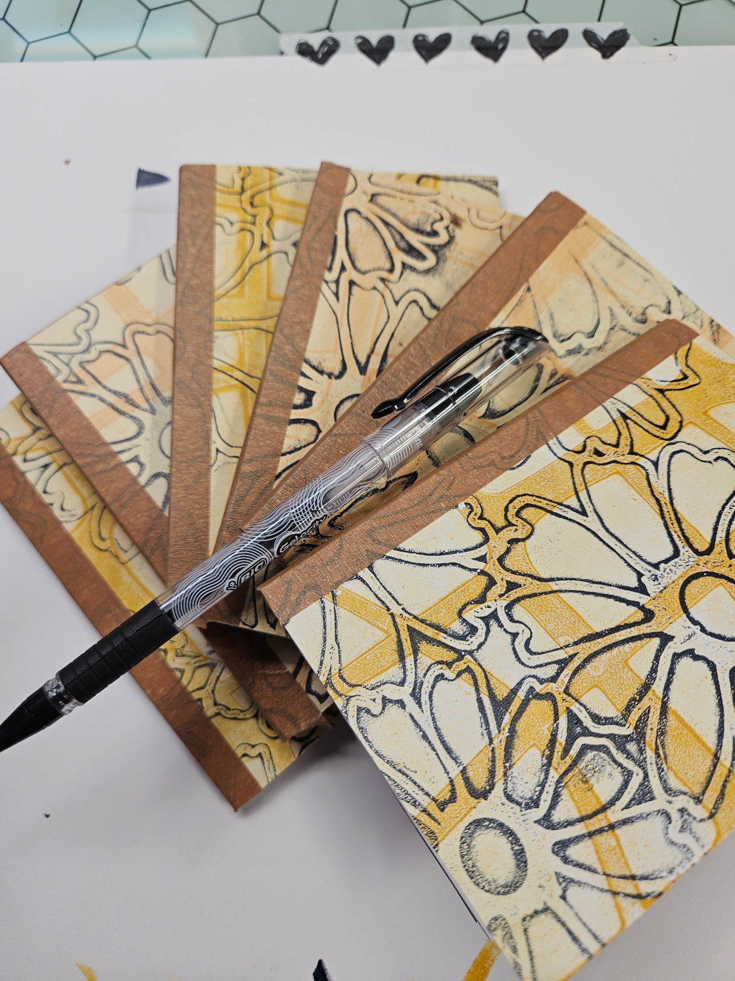 (6) Covered Mini Pocket Journals 3.5" x 5" Navy and Yellow Ochre Floral - Blank Pages