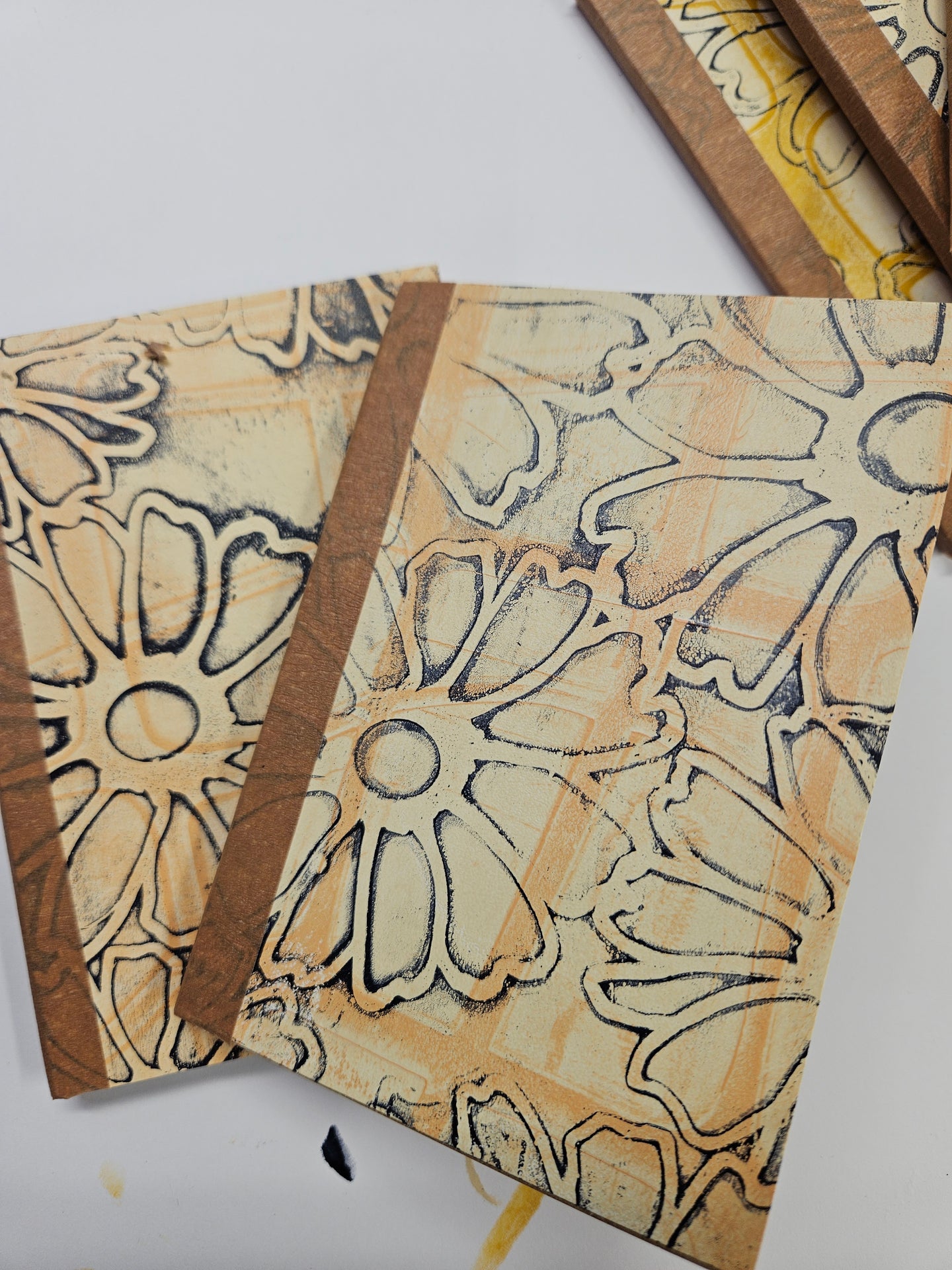 (6) Covered Mini Pocket Journals 3.5" x 5" Navy and Yellow Ochre Floral - Blank Pages