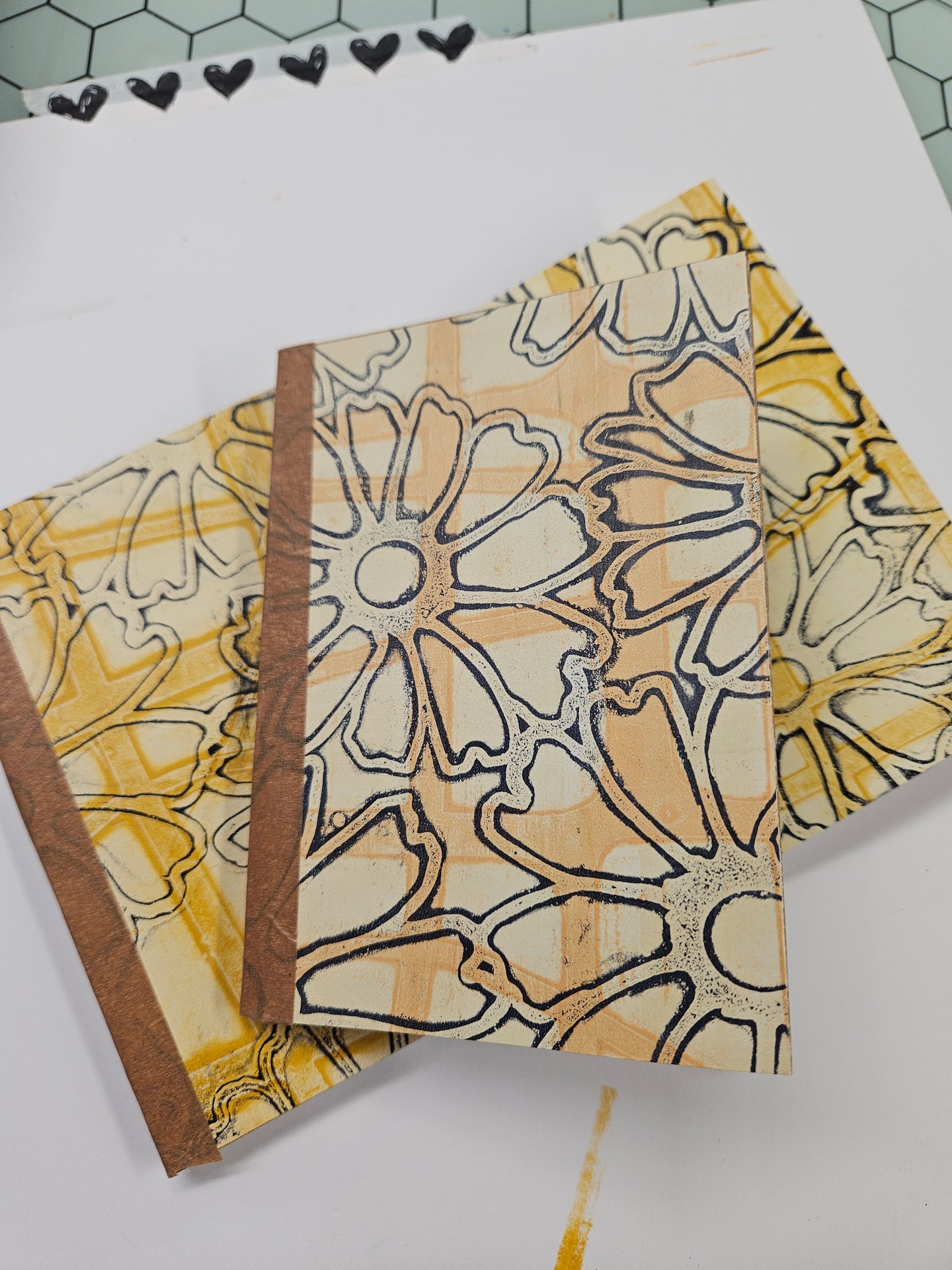 (6) Covered Mini Pocket Journals 3.5" x 5" Navy and Yellow Ochre Floral - Blank Pages