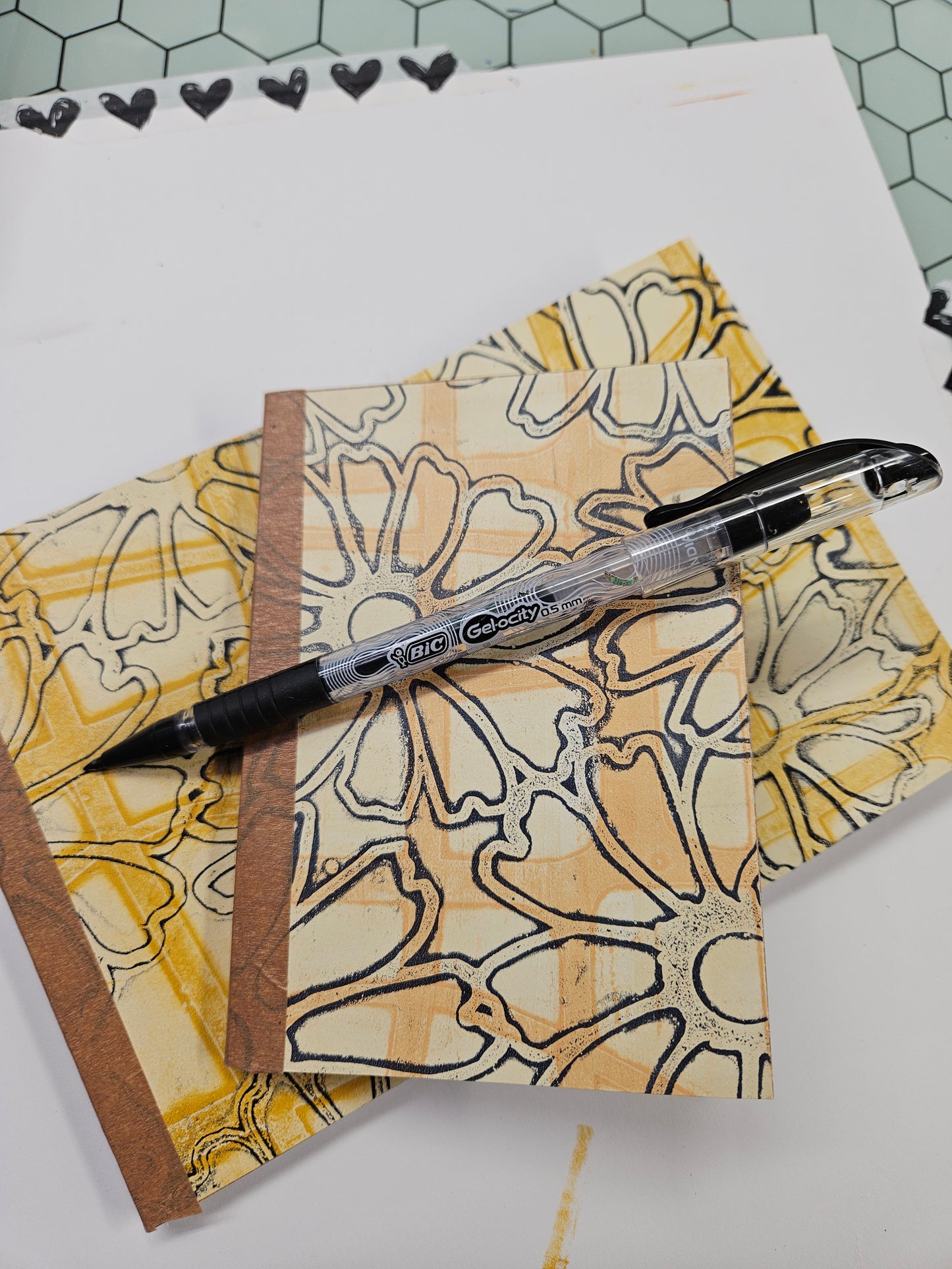 (6) Covered Mini Pocket Journals 3.5" x 5" Navy and Yellow Ochre Floral - Blank Pages