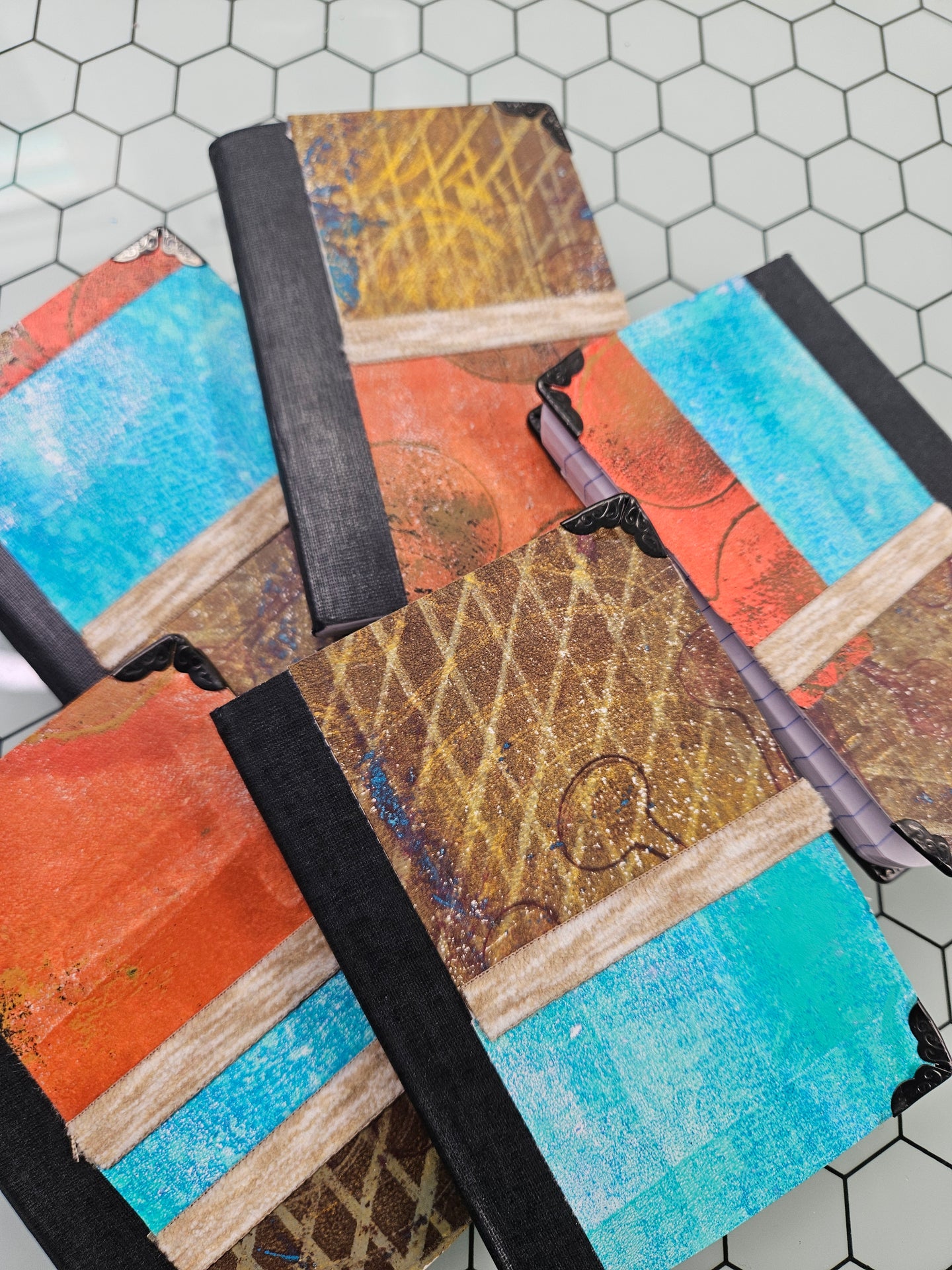 (5) Brown/Orange/Turquoise Abstract Design Covered Mini Pocket Journals 4.5" x 3.25" - College Ruled Paper Inside
